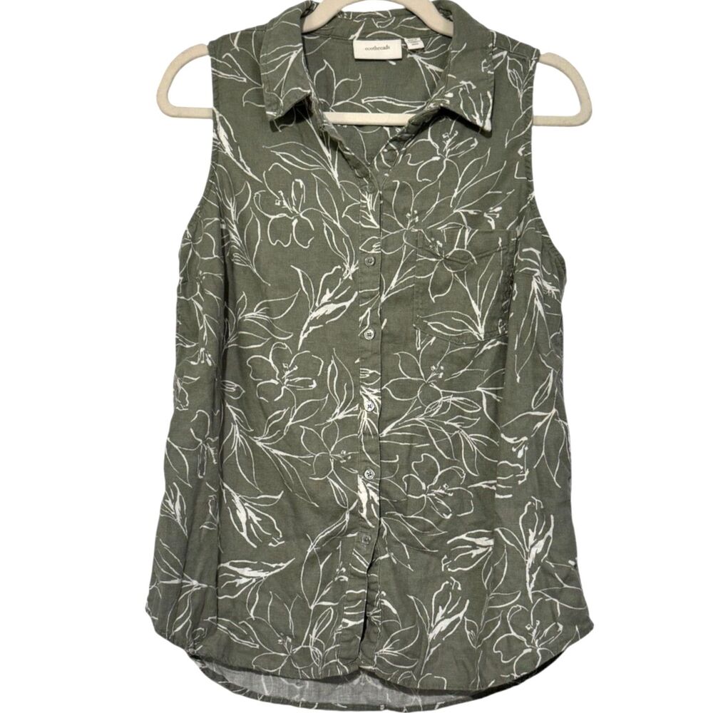 Ecothreads Sage Green Floral Linen Blend Sleeveless Button-Down Top Size M EUC